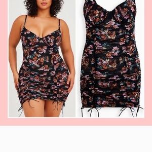 Romantic Ruched Floral Print Slip Dress with Side Drawstrings